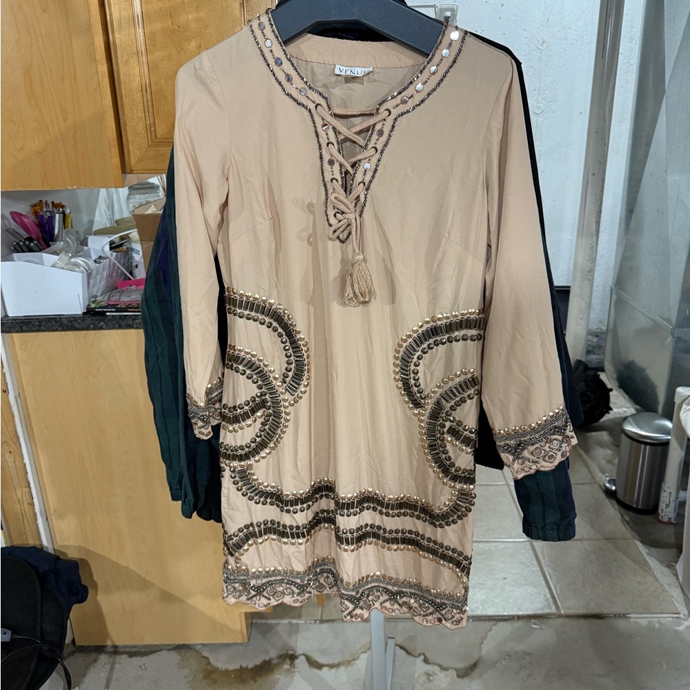 VENUS Tan Sheath Dress with Bell Sleeves and Scoop Neck